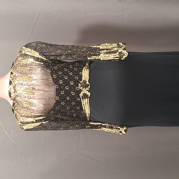Prom Goth Unique Hollywood Retro Gown Black Gold Sequins Vintage 70s Med - Picture 12 of 12